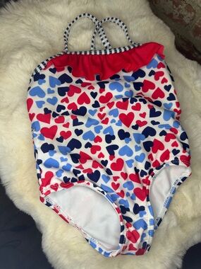 Healthtex Baby Girl One-Piece Swimsuit - Red White Blue Hearts - Size 6-9 Months